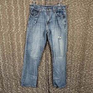 Flypaper Denim Blue Jeans Mens 34x34 Bootcut Blue Distressed Embroidered Pockets